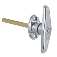 Description: Handle Lock
Material: ZDC base, handle, cylinder. Steel shaft.  
Surface: Chrome plated cylinder, power coated handle and base. Zinc plated shaft.
Remark: 180 degree turn achieve open and lock
